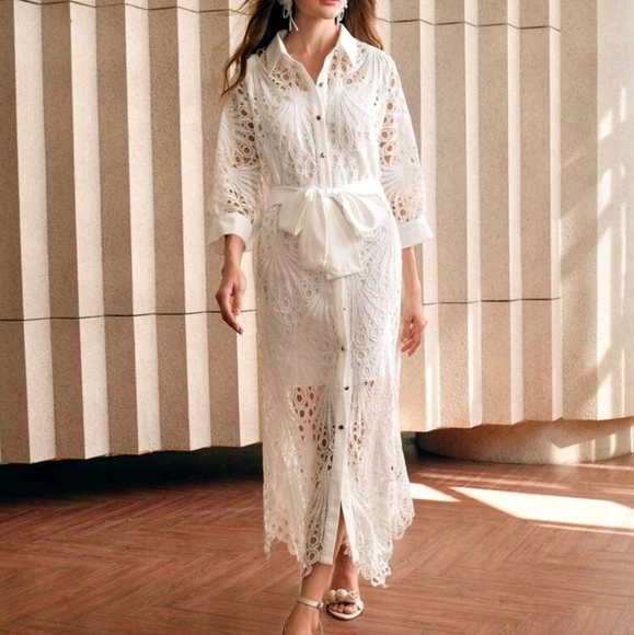 Mid-Sleeve Lace Embroidered Vacation Style Women's Midi Dress - Picture 3 of 5